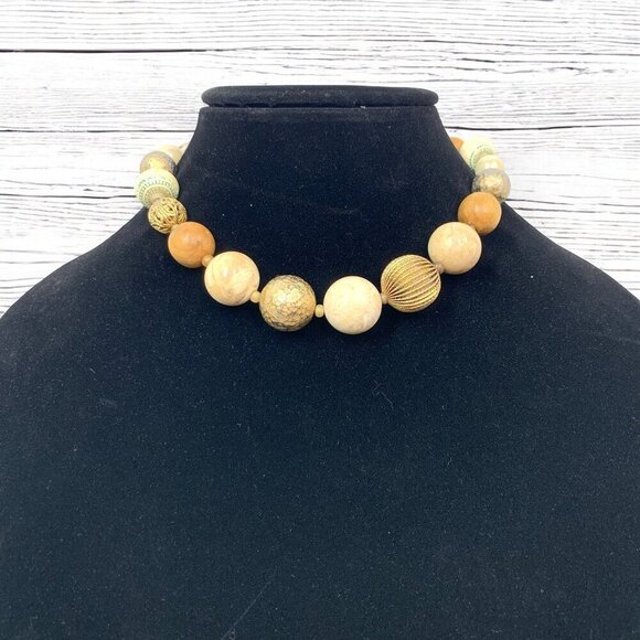 Polished Stone Beaded Princess Necklace Natural Earth Tones 16"L - Picture 3 of 4